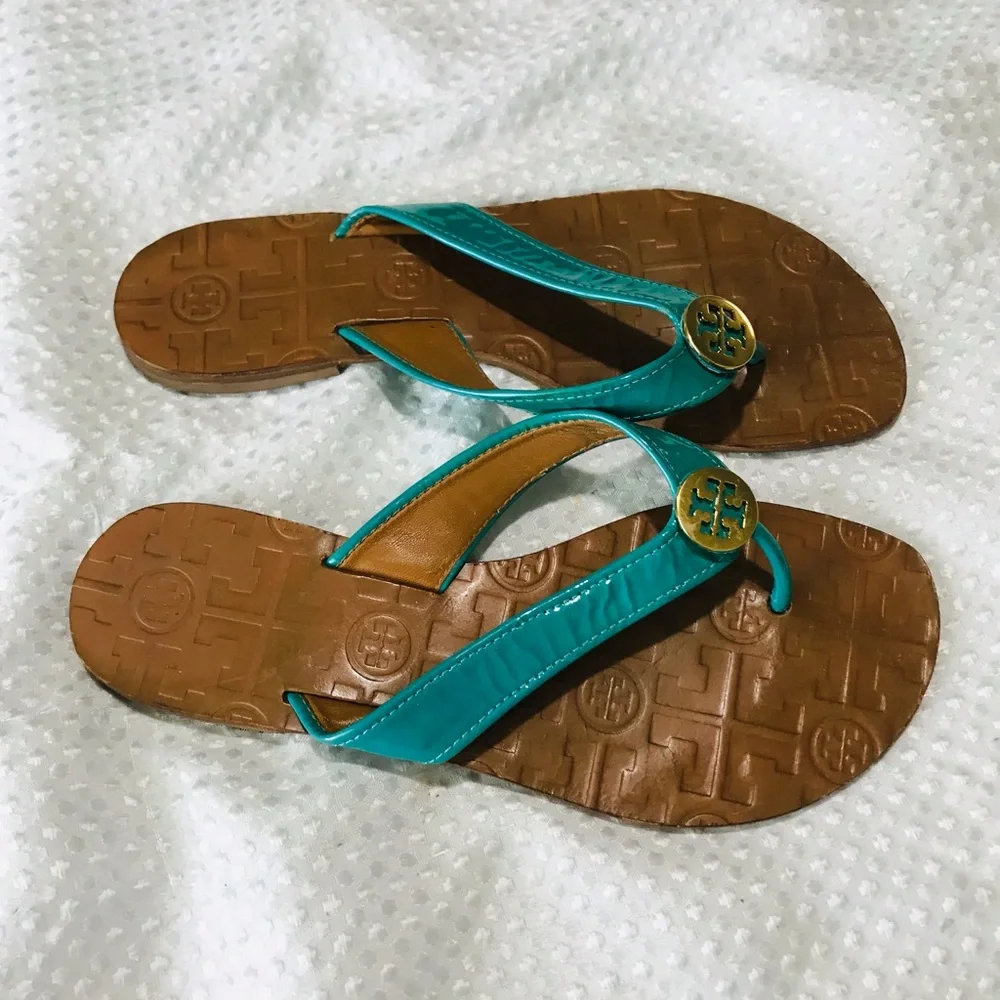 Tory Burch THORA Patent Flip Flops Sandals Shoes-turquoise Aqua Lizard